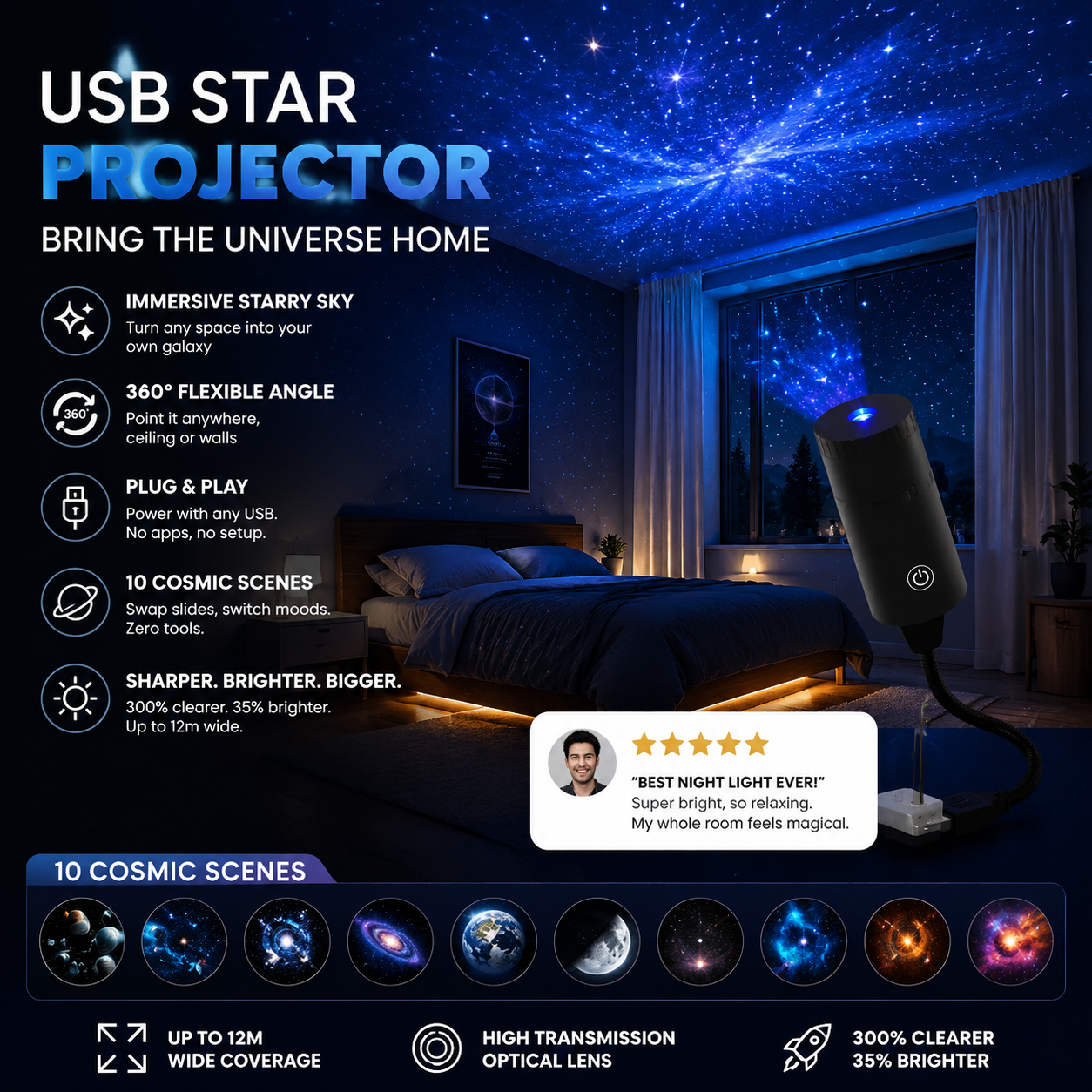 🥳 Plug-and-play HD csillagos égbolt és óceán vetítő éjszakai lámpa