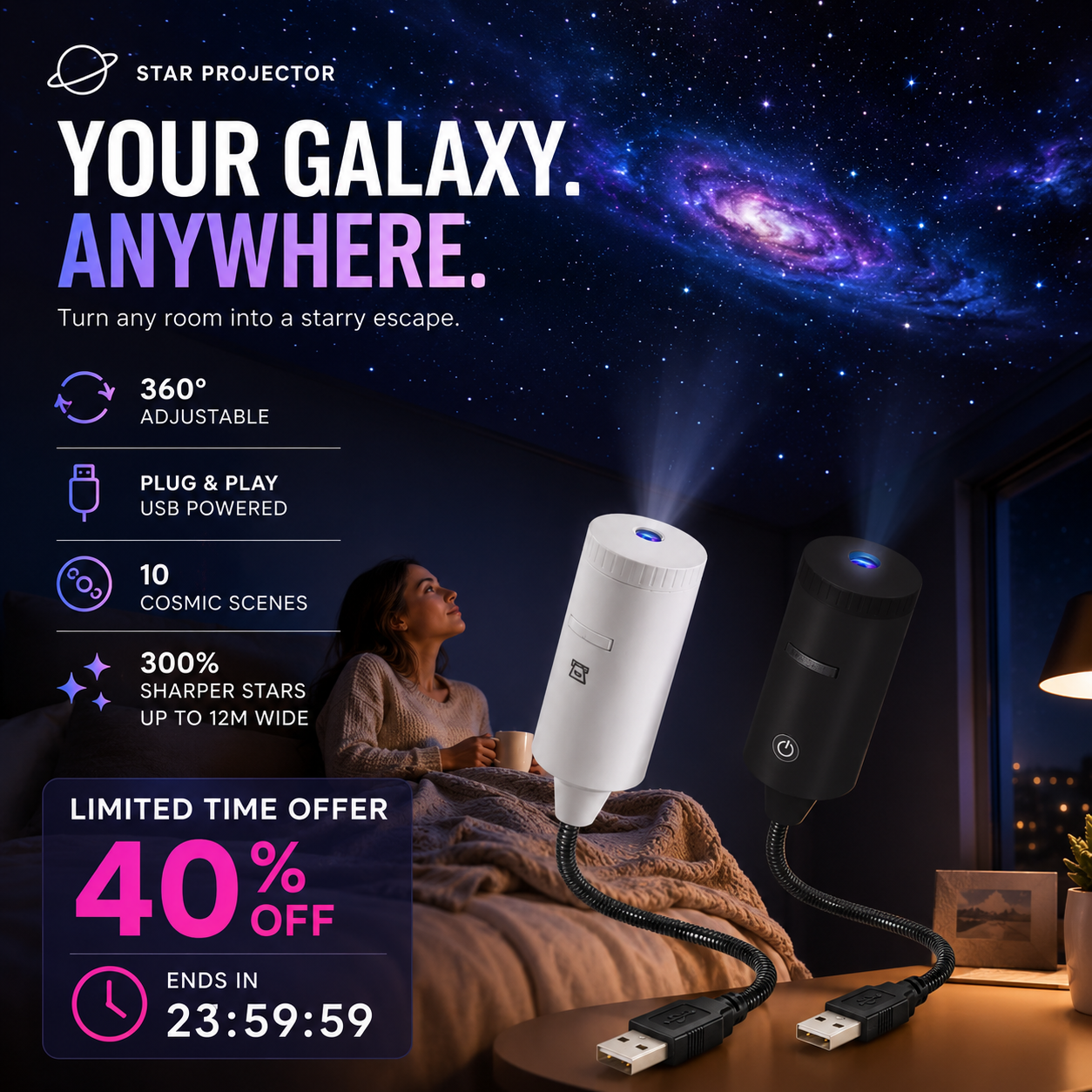 🥳 Plug-and-play HD csillagos égbolt és óceán vetítő éjszakai lámpa