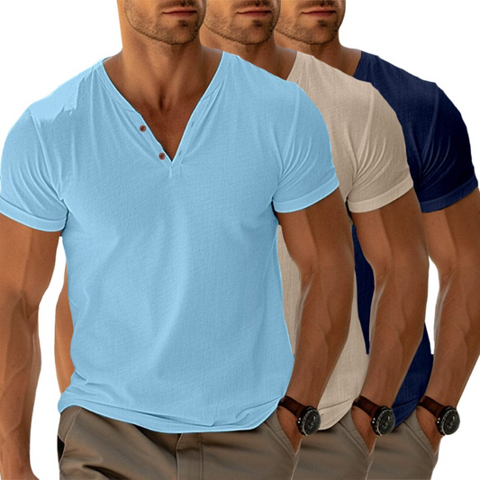 👨‍🦳✨ Prémium V-nyakú Henley póló férfiaknak – Kényelmes, légáteresztő és elegáns viselet a mindennapokra 👔☁️