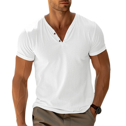 👨‍🦳✨ Prémium V-nyakú Henley póló férfiaknak – Kényelmes, légáteresztő és elegáns viselet a mindennapokra 👔☁️