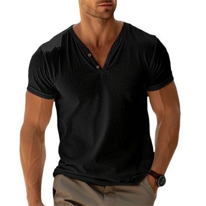👨‍🦳✨ Prémium V-nyakú Henley póló férfiaknak – Kényelmes, légáteresztő és elegáns viselet a mindennapokra 👔☁️