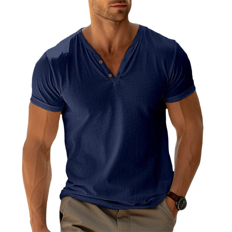 👨‍🦳✨ Prémium V-nyakú Henley póló férfiaknak – Kényelmes, légáteresztő és elegáns viselet a mindennapokra 👔☁️