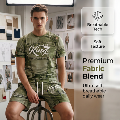 👕 Férfi farmerhatású póló és rövidnadrág szett | Könnyű, légáteresztő nyári viselet ☀️