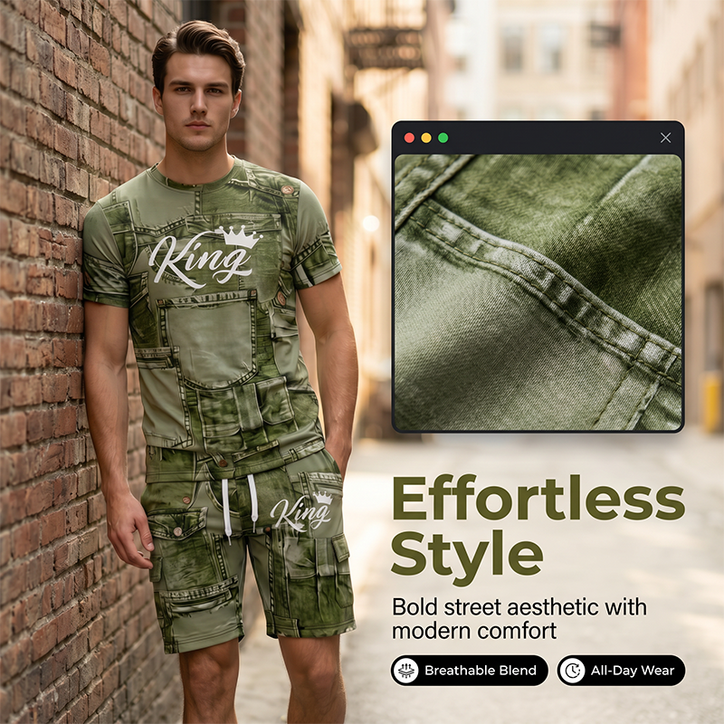 👕 Férfi farmerhatású póló és rövidnadrág szett | Könnyű, légáteresztő nyári viselet ☀️