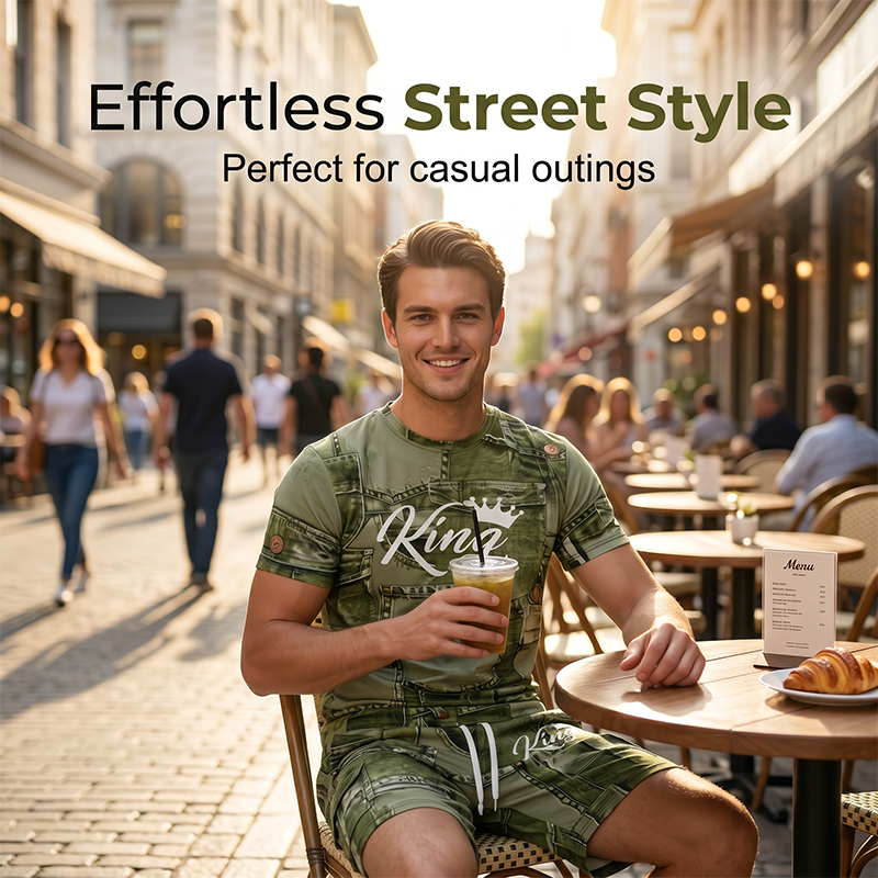 👕 Férfi farmerhatású póló és rövidnadrág szett | Könnyű, légáteresztő nyári viselet ☀️