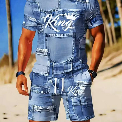 👕 Férfi farmerhatású póló és rövidnadrág szett | Könnyű, légáteresztő nyári viselet ☀️