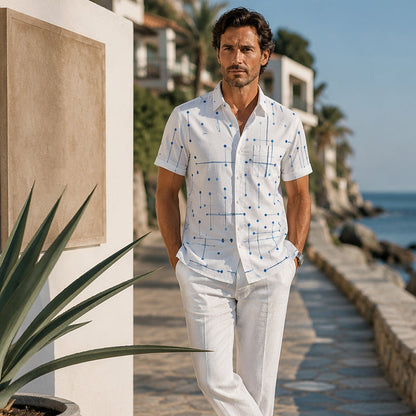 ☀️👔Férfi geometrikus mintás laza szabású gombos ing – puha, nyári érzés, tágas kényelem✨