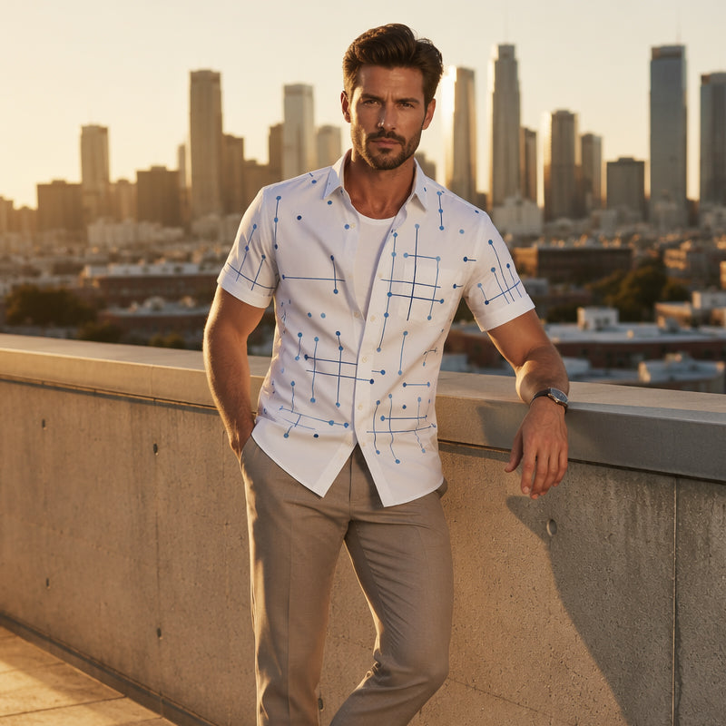 ☀️👔Férfi geometrikus mintás laza szabású gombos ing – puha, nyári érzés, tágas kényelem✨