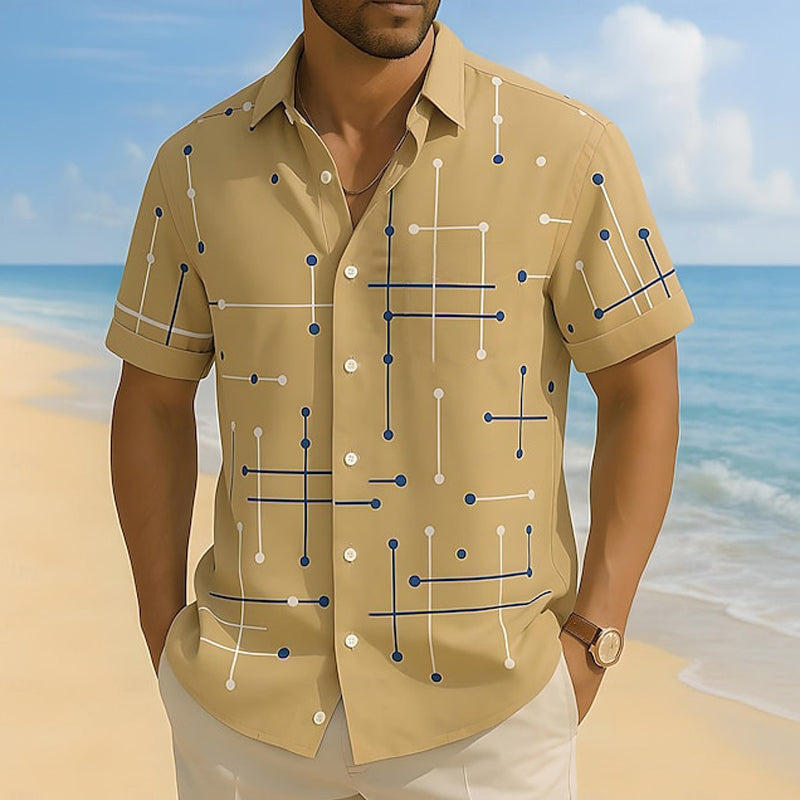 ☀️👔Férfi geometrikus mintás laza szabású gombos ing – puha, nyári érzés, tágas kényelem✨