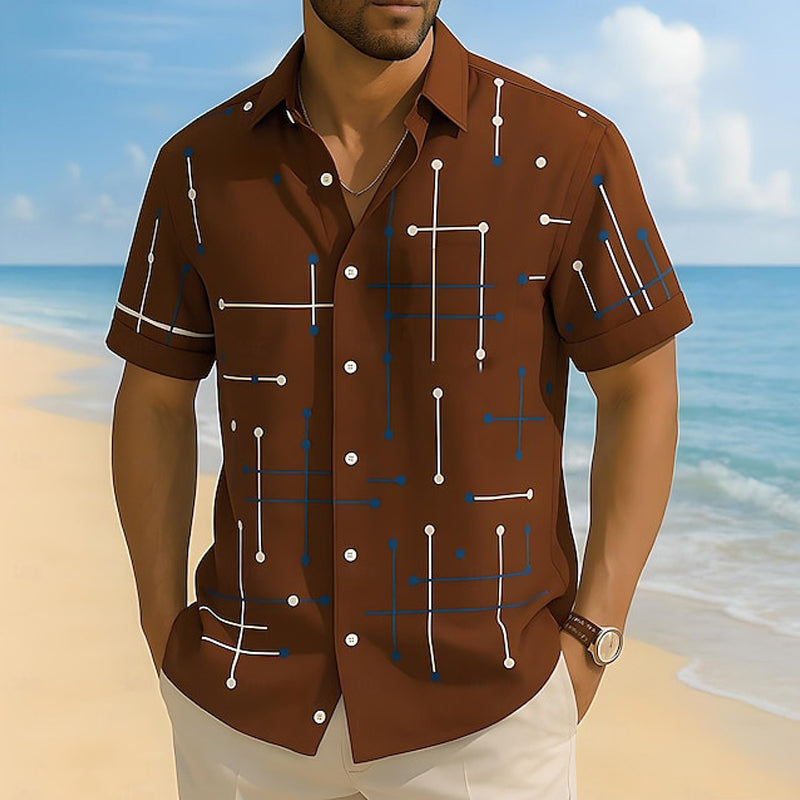 ☀️👔Férfi geometrikus mintás laza szabású gombos ing – puha, nyári érzés, tágas kényelem✨