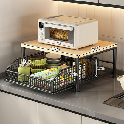 🧺✨ Kétemeletes mikrohullámú sütő-tároló kihúzható fiókkal – Helymegtakarítás a konyhában 🏠🍽️