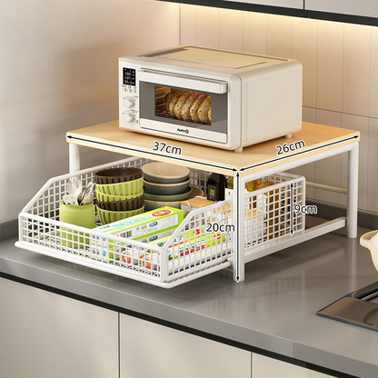 🧺✨ Kétemeletes mikrohullámú sütő-tároló kihúzható fiókkal – Helymegtakarítás a konyhában 🏠🍽️