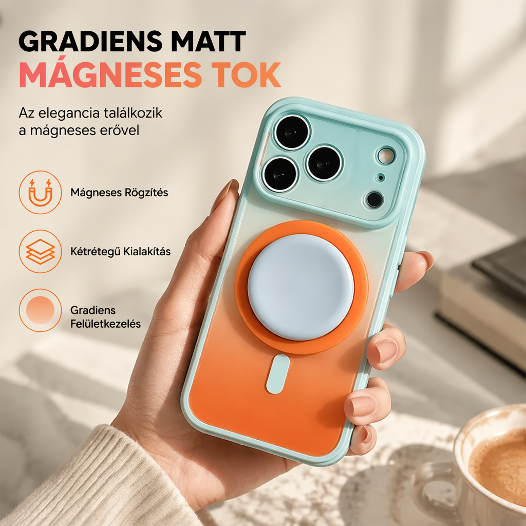 📱✨ MagSafe mágneses tok ombre hatással – beépített 360°-os állvány és megbízható védelem a telefon számára