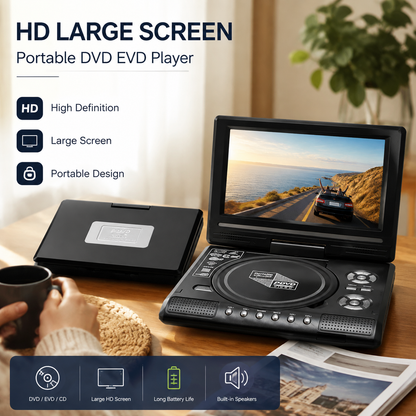📺 7,8 hüvelykes hordozható HD DVD/EVD-lejátszó 🔥 Nagy képernyő, beépített akkumulátor, DVD/CD/USB/SD támogatás – otthonra és utazásra egyaránt alkalmas