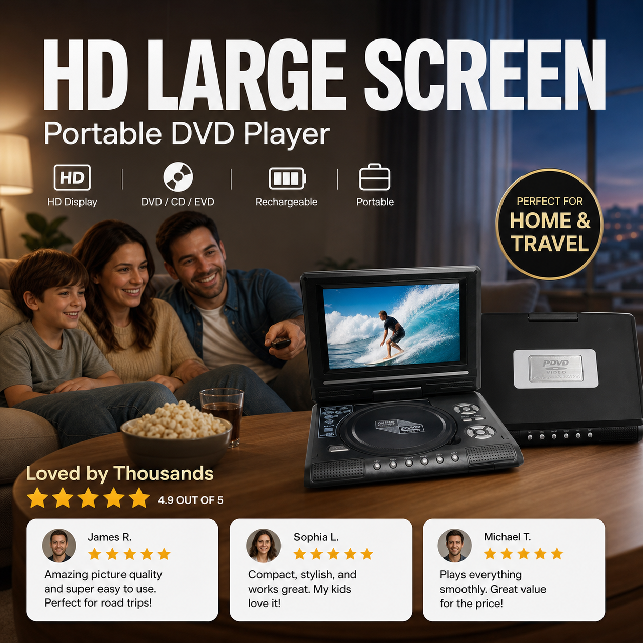 📺 7,8 hüvelykes hordozható HD DVD/EVD-lejátszó 🔥 Nagy képernyő, beépített akkumulátor, DVD/CD/USB/SD támogatás – otthonra és utazásra egyaránt alkalmas