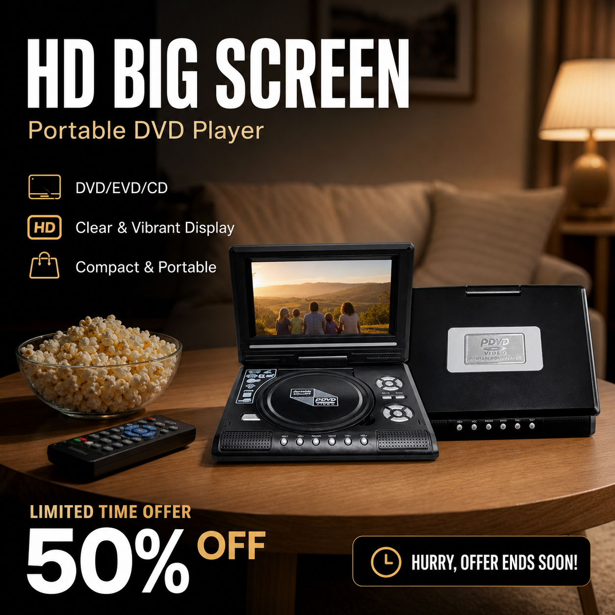 📺 7,8 hüvelykes hordozható HD DVD/EVD-lejátszó 🔥 Nagy képernyő, beépített akkumulátor, DVD/CD/USB/SD támogatás – otthonra és utazásra egyaránt alkalmas
