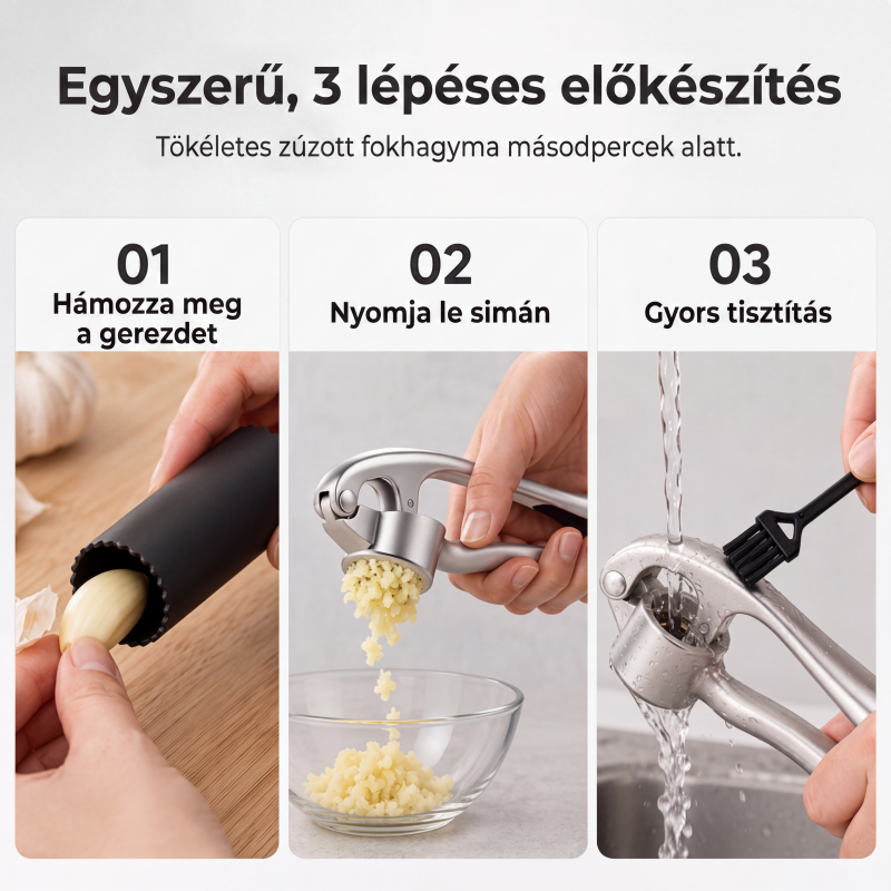 🧄 Prémium Fokhagymanyomó – Ergonomikus, Puha Fogantyúval a Könnyed Préselésért