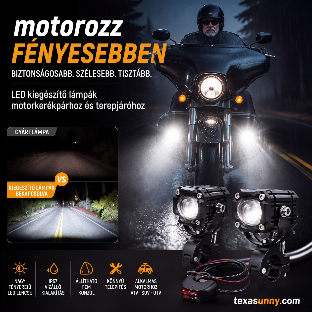 🏍️ Univerzális motorkerékpár LED reflektorok – kettős fényű és minden időjárásban vízálló 💡
