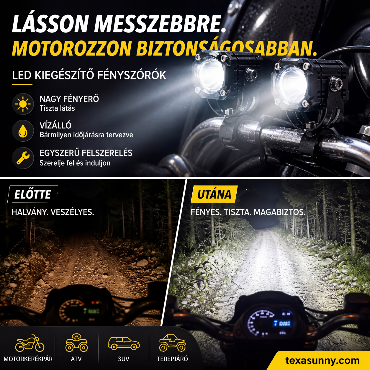 🏍️ Univerzális motorkerékpár LED reflektorok – kettős fényű és minden időjárásban vízálló 💡