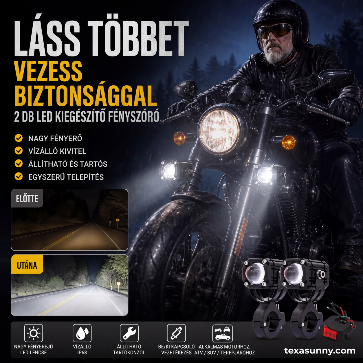🏍️ Univerzális motorkerékpár LED reflektorok – kettős fényű és minden időjárásban vízálló 💡