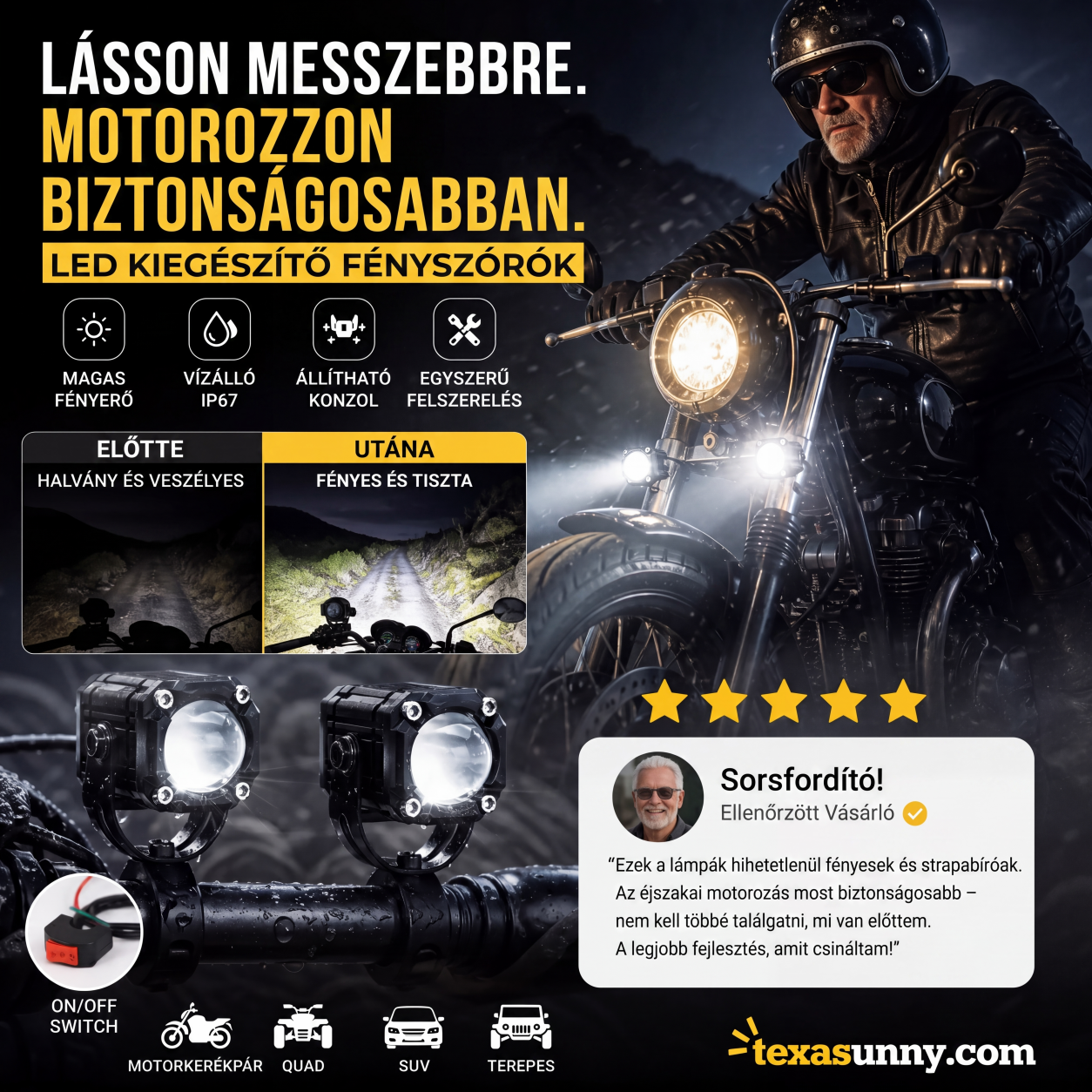 🏍️ Univerzális motorkerékpár LED reflektorok – kettős fényű és minden időjárásban vízálló 💡