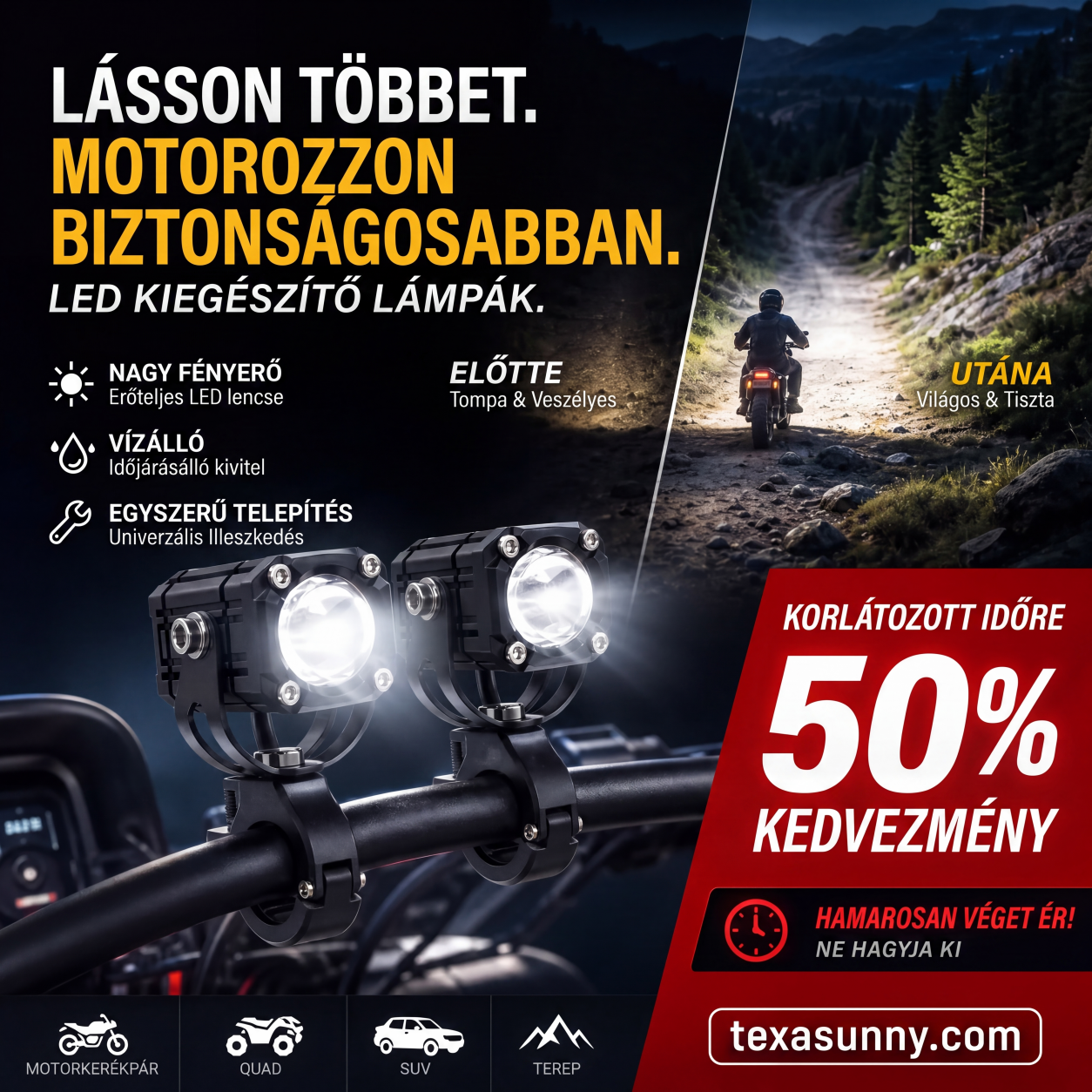 🏍️ Univerzális motorkerékpár LED reflektorok – kettős fényű és minden időjárásban vízálló 💡