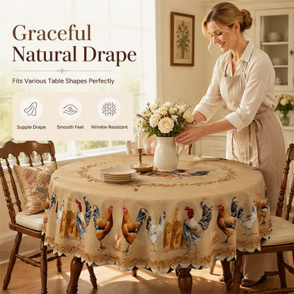 🎉 2026-os akció 🐓 Vintage parasztházas csirke mintás asztalterítő – éles, kontrasztos HD-nyomtatás, a hullámos szegélyek pedig még több bájt kölcsönöznek neki! ✨