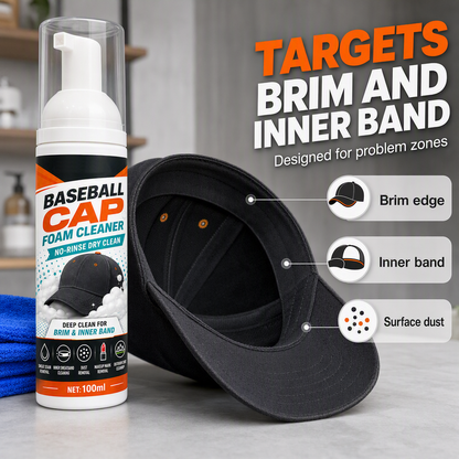 🧼 Öblítés nélküli baseball‑sapka habtisztító – Mélytisztító spray, eltávolítja az izzadság‑ és porfoltokat