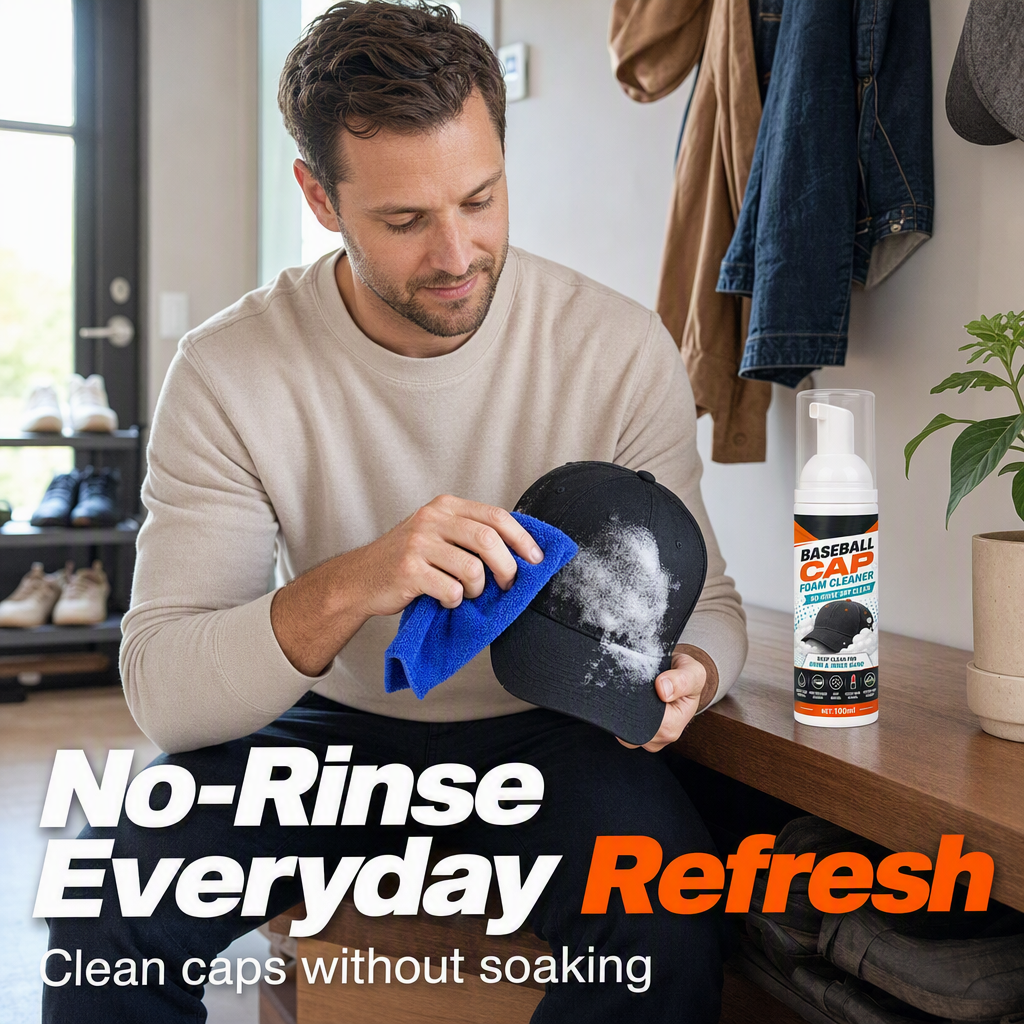 🧼 Öblítés nélküli baseball‑sapka habtisztító – Mélytisztító spray, eltávolítja az izzadság‑ és porfoltokat