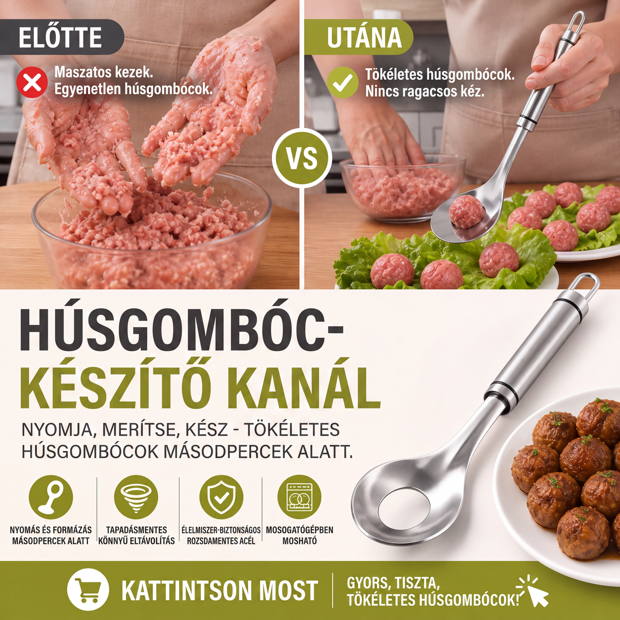 🥄✨ Acél Húsgombóc-Kanál: Egyenletes Gombócok és Tartós Kialakítás! ⚡