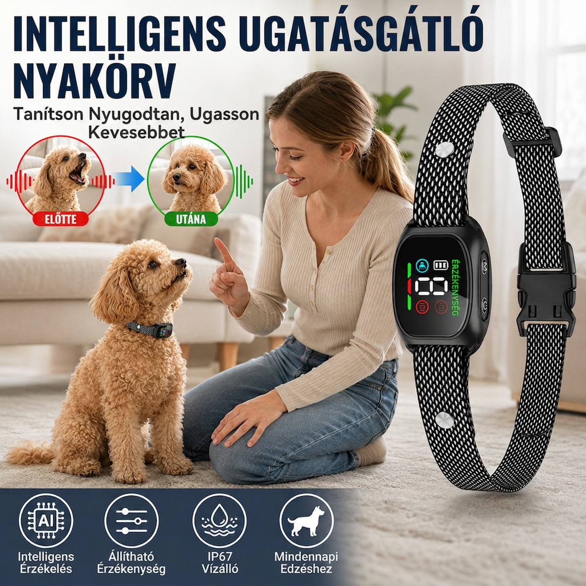 🐶🔇 Intelligens ugatásgátló nyakörv kutyáknak – automatikus ugatásérzékelés és nyugodtabb séták ✨