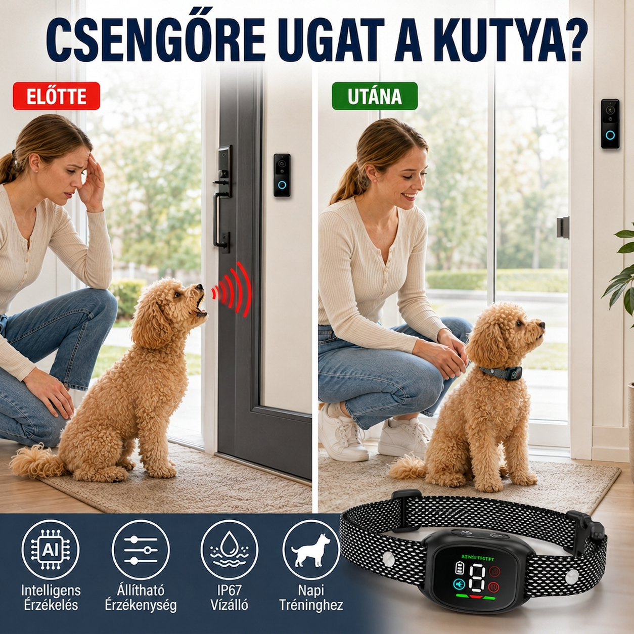 🐶🔇 Intelligens ugatásgátló nyakörv kutyáknak – automatikus ugatásérzékelés és nyugodtabb séták ✨