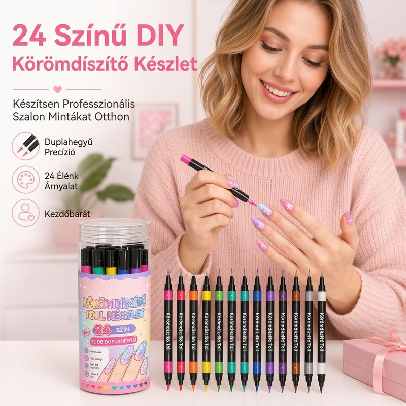 🎨💅24 színű, kétvégű körömdíszítő tollkészlet