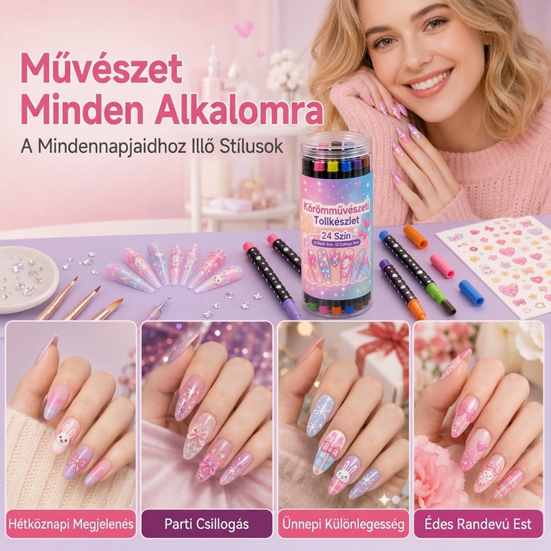 🎨💅24 színű, kétvégű körömdíszítő tollkészlet