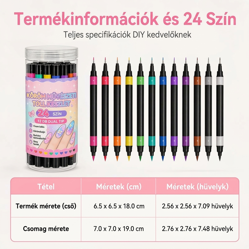 🎨💅24 színű, kétvégű körömdíszítő tollkészlet