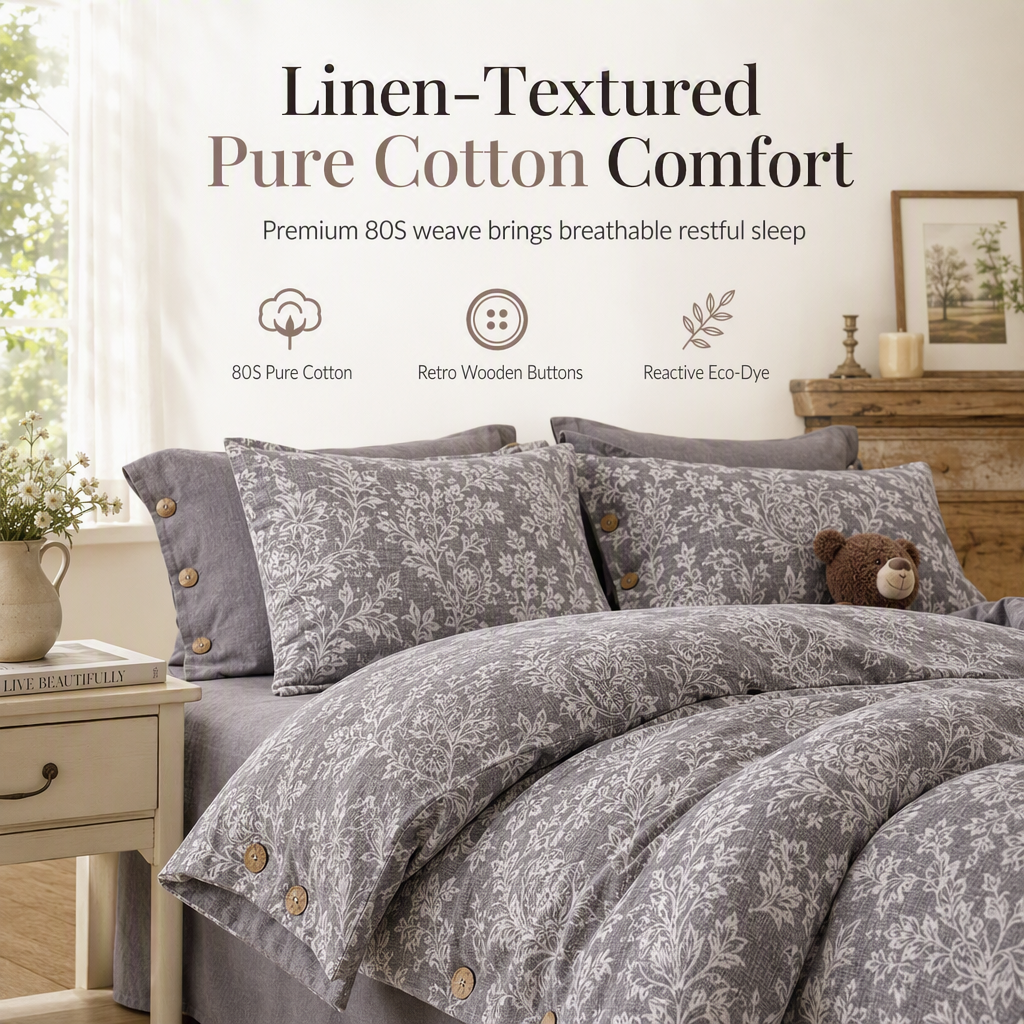🛏️🌿 Vintage stílusú pamut ágyneműkészlet – lenvászon textúrájú, vastag anyag és retro gombok ✨