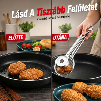 🍳✨ 2 az 1-ben rozsdamentes olajszűrő fogó: Gyors, tiszta szűrés – búcsú a koszos edényektől és az olajpazarlástól! ♻️🥗