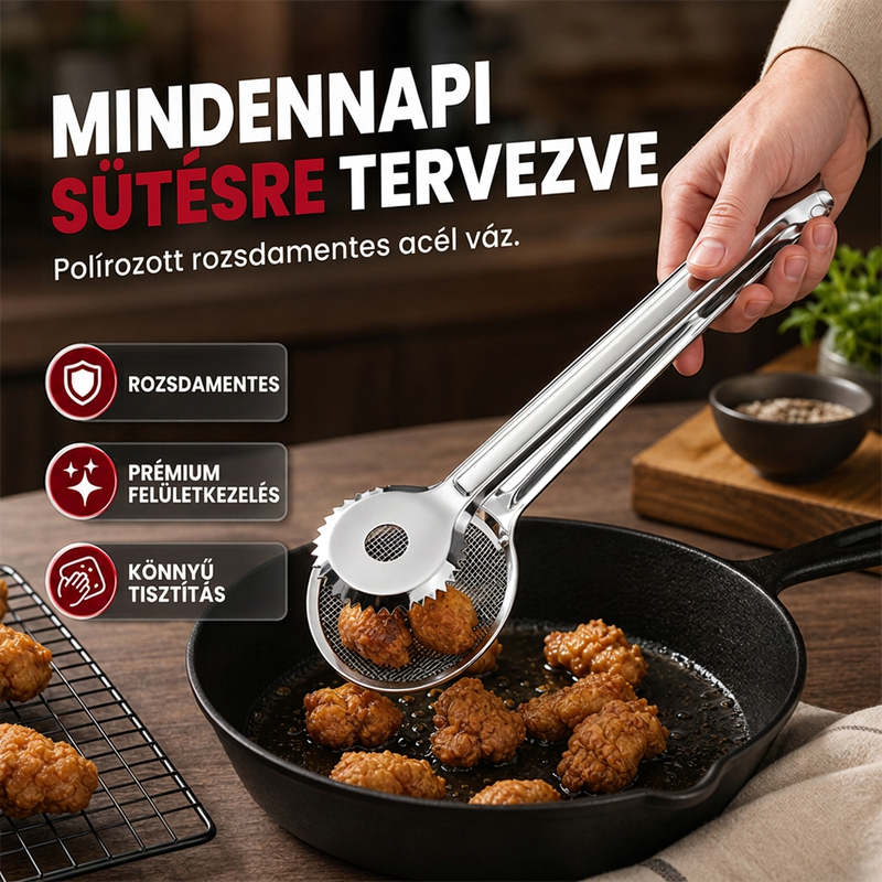 🍳✨ 2 az 1-ben rozsdamentes olajszűrő fogó: Gyors, tiszta szűrés – búcsú a koszos edényektől és az olajpazarlástól! ♻️🥗