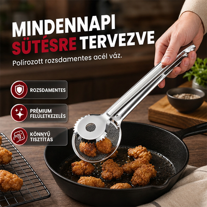 🍳✨ 2 az 1-ben rozsdamentes olajszűrő fogó: Gyors, tiszta szűrés – búcsú a koszos edényektől és az olajpazarlástól! ♻️🥗