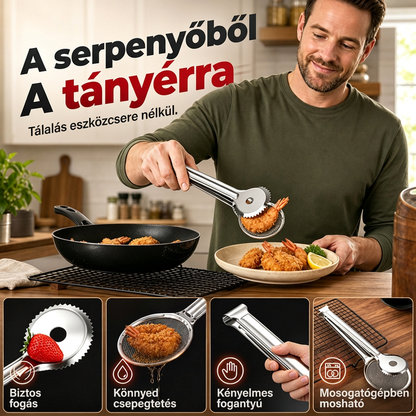 🍳✨ 2 az 1-ben rozsdamentes olajszűrő fogó: Gyors, tiszta szűrés – búcsú a koszos edényektől és az olajpazarlástól! ♻️🥗