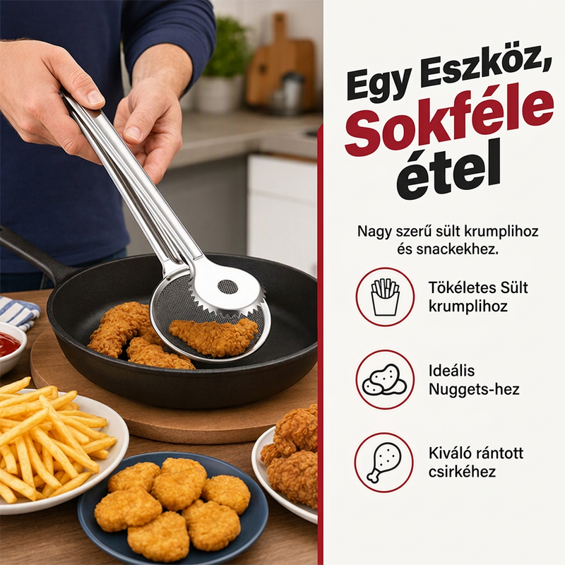 🍳✨ 2 az 1-ben rozsdamentes olajszűrő fogó: Gyors, tiszta szűrés – búcsú a koszos edényektől és az olajpazarlástól! ♻️🥗