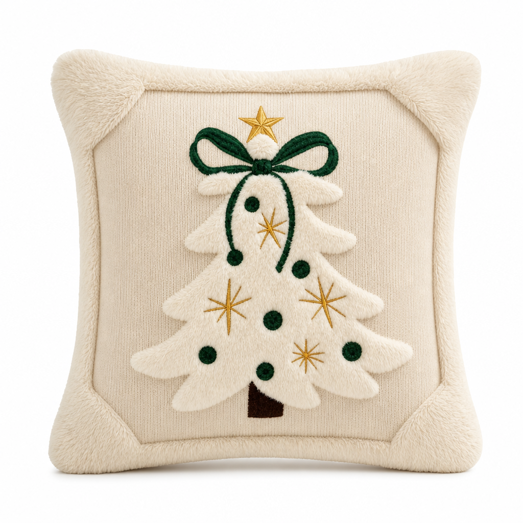 🎄✨ Karácsonyi párnahuzat, 45 × 45 cm – hímzett karácsonyfák és elegáns masni 🎀