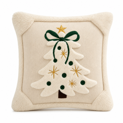 🎄✨ Karácsonyi párnahuzat, 45 × 45 cm – hímzett karácsonyfák és elegáns masni 🎀