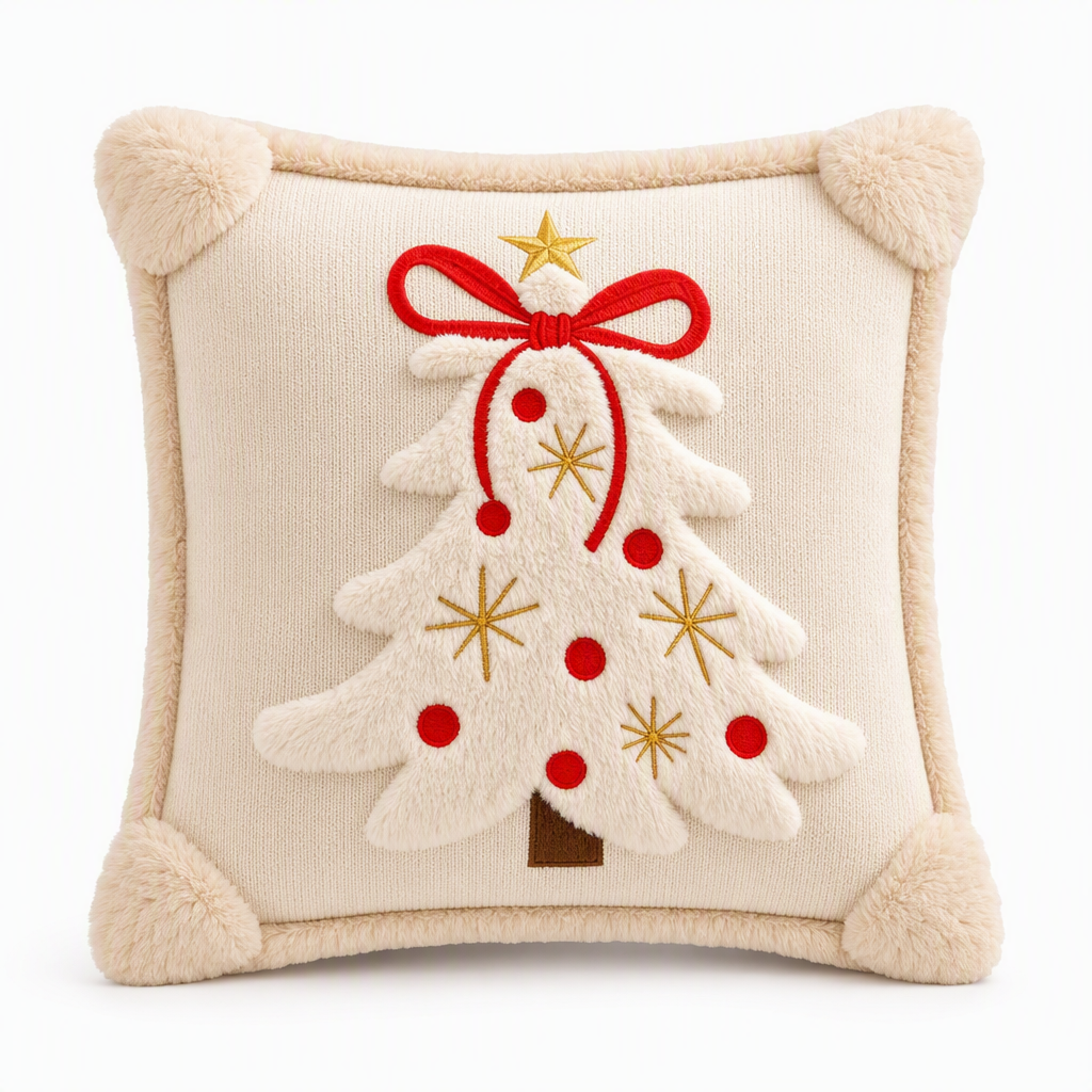 🎄✨ Karácsonyi párnahuzat, 45 × 45 cm – hímzett karácsonyfák és elegáns masni 🎀