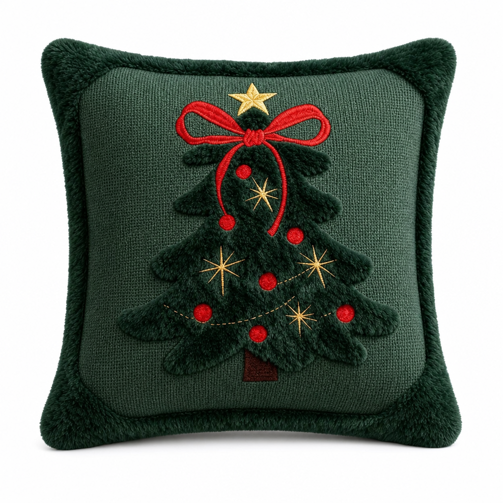 🎄✨ Karácsonyi párnahuzat, 45 × 45 cm – hímzett karácsonyfák és elegáns masni 🎀