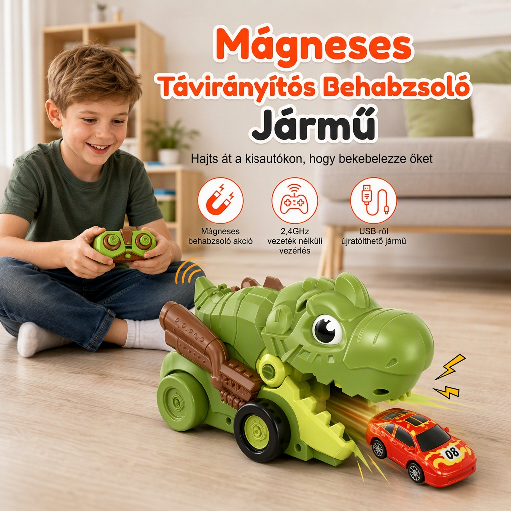 Mágneses távirányítós dinoszaurusz játékautó 6 kisautóval – autófaló RC játék gyerekeknek 3+ éves kortól