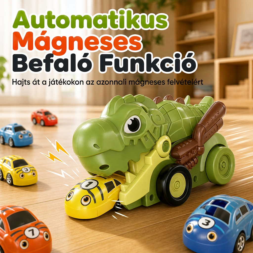 Mágneses távirányítós dinoszaurusz játékautó 6 kisautóval – autófaló RC játék gyerekeknek 3+ éves kortól