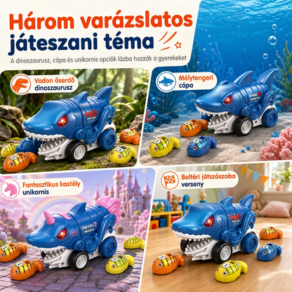 Mágneses távirányítós dinoszaurusz játékautó 6 kisautóval – autófaló RC játék gyerekeknek 3+ éves kortól
