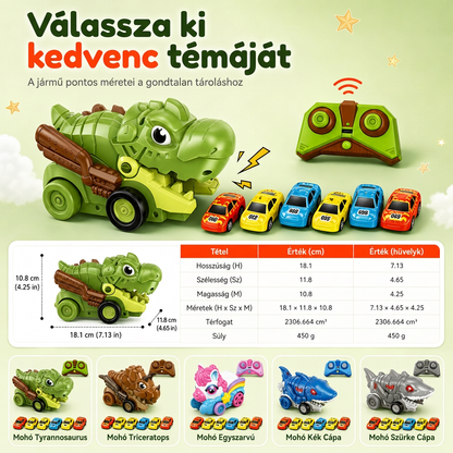 Mágneses távirányítós dinoszaurusz játékautó 6 kisautóval – autófaló RC játék gyerekeknek 3+ éves kortól