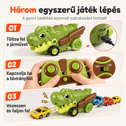 Mágneses távirányítós dinoszaurusz játékautó 6 kisautóval – autófaló RC játék gyerekeknek 3+ éves kortól